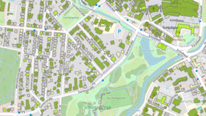 Das Bild zeigt einen Ausschnitt aus dem Gründachpotenzialkataster der Stadt Oldenburg, welche das Stadtgebiet mit seinen Gebäuden und Infrastrukturen zeigt. Die Dachflächen derjenigen Gebäude, die sich für eine Dachbegrünung eignen, sind dabei grün eingefärbt.