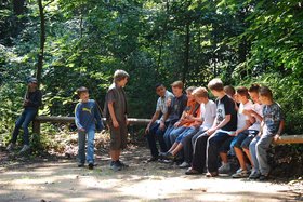 Kindergruppe sitzt auf Baumstamm im Wald. Foto: Ortrun Lenz/pixabay.com