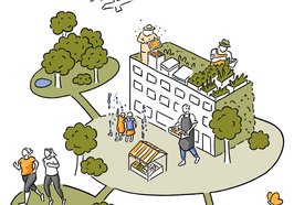 Illustration zum Thema Grüne Stadtlandschaft mit unterschiedlichen Bildelementen. Illustration: Jennifer van de Sandt 