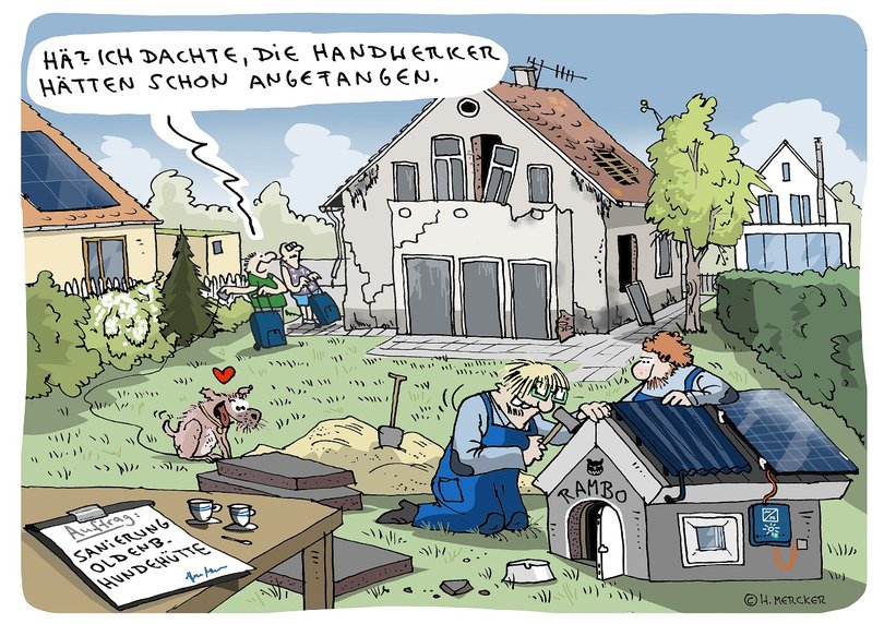 Cartoon mit Verwechslung bei der Sanierung eines Oldenburger Altbaus mit einer Hundehütte. Illustration: Hannes Mercker
