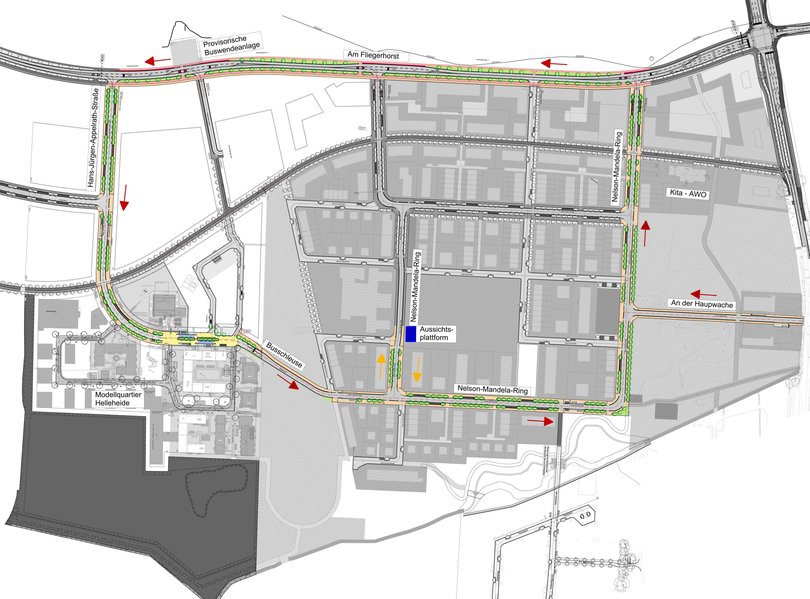 Entlang der Straße Am Fliegerhorst, durch die Hans-Jürgen-Appelrath-Straße und Helleheide zum Nelson-Mandela-Ring: Wer den Fliegerhorst besucht, kann sich den Baufortschritt ab jetzt per Rundstrecke anschauen. Grafik: Stadt Oldenburg