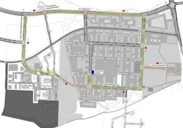 Entlang der Straße Am Fliegerhorst, durch die Hans-Jürgen-Appelrath-Straße und Helleheide zum Nelson-Mandela-Ring: Wer den Fliegerhorst besucht, kann sich den Baufortschritt ab jetzt per Rundstrecke anschauen. Grafik: Stadt Oldenburg