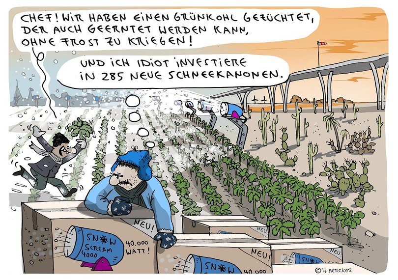Cartoon mit Landwirt, der trotz Erwärmungstrend mit Schneekanonen die Grünkohlernte erhalten möchte. Illustration: Hannes Mercker