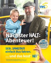 Plakatwerbung für SEB. Älterer Mann mit Kind in einem Bus. Quelle: VWG