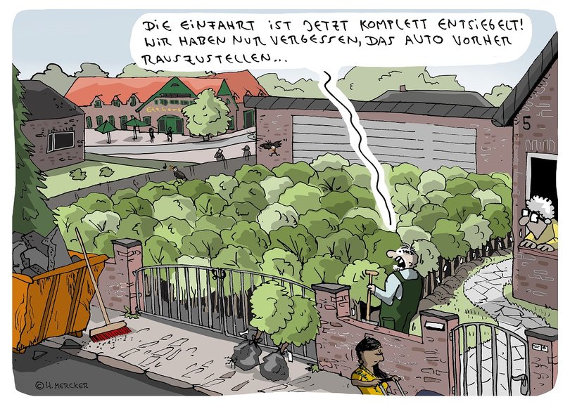 Cartoon mit entsiegelter und bepflanzter Hofauffahrt, in der ein Auto verschwunden ist. Illustration: Hannes Mercker