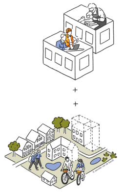 Illustration eines Stadtteils mit verschiedenen Gebäuden, die um Aufstockungen oder Anbauten ergänzt werden
