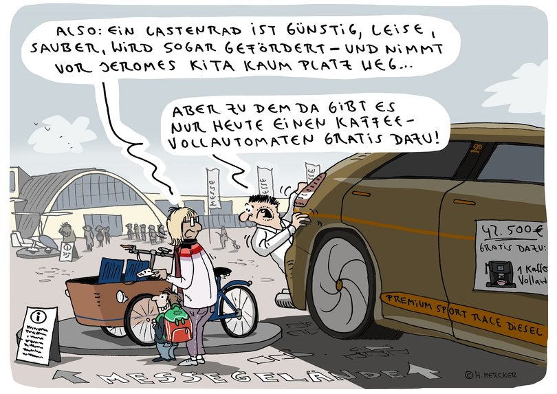 Cartoon mit Blick aufs Messegelände der Weser-Ems-Hallen mit einem Lastenrad im Vordergrund. Illustration: Hannes Mercker