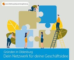 Titelseite des Gründungsflyers; vier Personen bauen ein überdimensionales Puzzle mit vier Teilen zusammen; Wirtschaftsförderung. Foto: Stroh Design/Stadt Oldenburg Titelseite des Gründungsflyers; vier Personen bauen ein überdimensionales Puzzle mit vier Teilen zusammen; Wirtschaftsförderung. Foto: Stroh Design/Stadt Oldenburg
