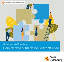 Titelseite des Gründungsflyers; vier Personen bauen ein überdimensionales Puzzle mit vier Teilen zusammen; Wirtschaftsförderung. Foto: Stroh Design/Stadt Oldenburg Titelseite des Gründungsflyers; vier Personen bauen ein überdimensionales Puzzle mit vier Teilen zusammen; Wirtschaftsförderung. Foto: Stroh Design/Stadt Oldenburg