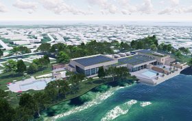 Blick auf das geplante Sport- und Gesundheitsbad vom Flötenteich aus. Grafik: Geising + Böker Blick auf das geplante Sport- und Gesundheitsbad vom Flötenteich aus. Grafik: Geising + Böker