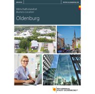 Die Titelseite der Broschüre „Wirtschaftstandort Oldenburg“ zeigt vor dunkelblauem Hintergrund verschiedene Fotoaufnahmen des Oldenburger Standortes sowie eine Frau an ihrem Arbeitsplatz. Titelseite: Kommunikation & Wirtschaft (KuW)