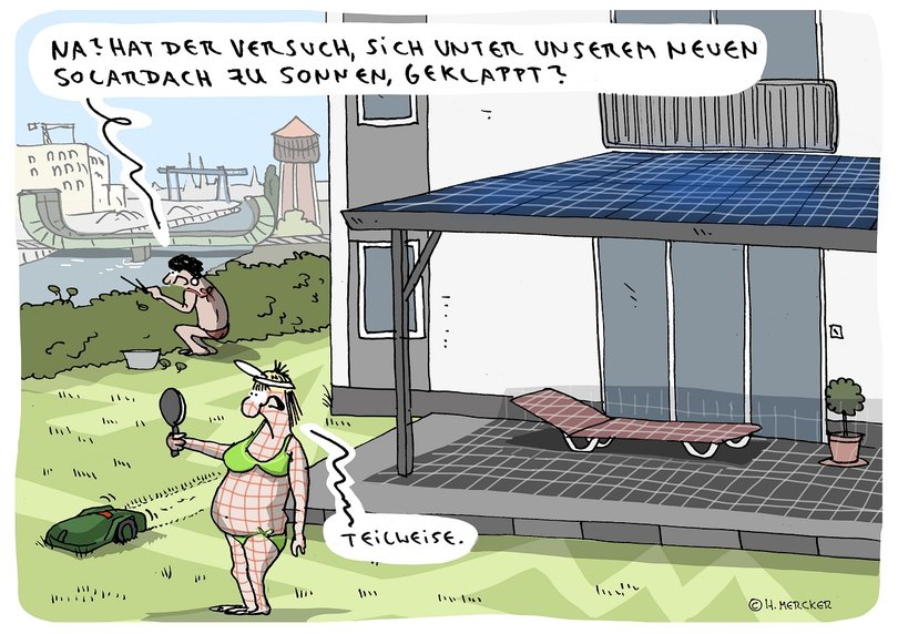 Cartoon mit einer Frau, die sich auf ihrer Solardachterrasse gesonnt hat und Karomuster gebräunt ist. Illustration: Hannes Mercker