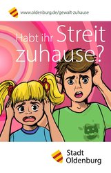 Titelbild des Flyers „Streit zuhause“: Zwei Kinder im Comic-Stil halten sich die Ohren zu und schauen ängstlich. Grafik: Stadt Oldenburg