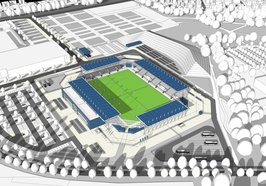 So könnte das neue Stadion an der Maastrichter Straße aussehen. Das Modell zeigt ein Basisstadion mit einer Kapazität von 7.500 Plätzen. Entwurf: AS + P