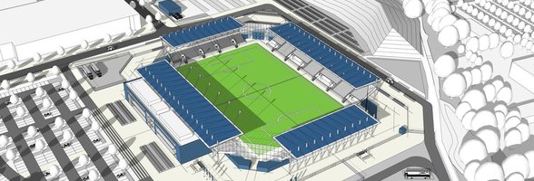 So könnte das neue Stadion an der Maastrichter Straße aussehen. Das Modell zeigt ein Basisstadion mit einer Kapazität von 7.500 Plätzen. Entwurf: AS + P