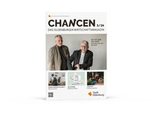 Die Titelseite von CHANCEN 3/24 zeigt auf dem Hauptfoto zwei der Ü40-Gründer, um die es in unserem Hauptartikel geht. Foto: Bonnie Bartusch/ Layout Titelseite: Stockwerk2