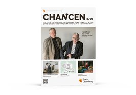 Die Titelseite von CHANCEN 3/24 zeigt auf dem Hauptfoto zwei der Ü40-Gründer, um die es in unserem Hauptartikel geht. Foto: Bonnie Bartusch/ Layout Titelseite: Stockwerk2