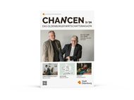 Die Titelseite von CHANCEN 3/24 zeigt auf dem Hauptfoto zwei der Ü40-Gründer, um die es in unserem Hauptartikel geht. Foto: Bonnie Bartusch/ Layout Titelseite: Stockwerk2