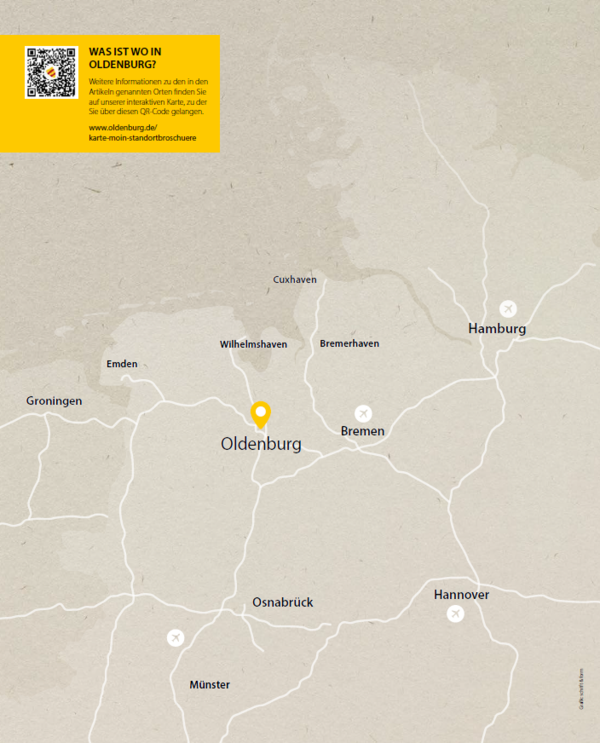 Verortung Oldenburgs in Deutschland und Europa unter Angabe von Autobahnen und internationalen Flughäfen. Quelle: schrift & form Verortung Oldenburgs in Deutschland und Europa unter Angabe von Autobahnen und internationalen Flughäfen. Quelle: schrift & form