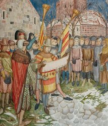 Szenische Rekonstruktion der Bekanntmachung der Stadtrechtsverleihung am 6. Januar 1345, Aquarell und Gouache, Bernhard L. A. Neteler, 1985. Quelle: Stadtmuseum Szenische Rekonstruktion der Bekanntmachung der Stadtrechtsverleihung am 6. Januar 1345, Aquarell und Gouache, Bernhard L. A. Neteler, 1985. Quelle: Stadtmuseum