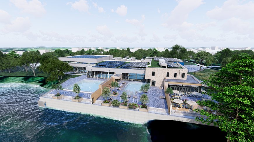 Geising + Böker Blick auf das geplante Sport- und Gesundheitsbad mit seinen Außenbecken. Grafik: Geising + Böker