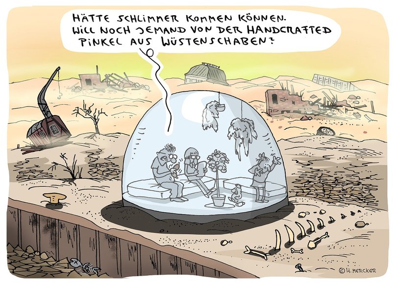 Cartoon mit Menschen in einem Glashaus, die von einer Wüste umgeben sind und regionale Produkte aus Wüstenschaben essen. Illustration: Hannes Mercker