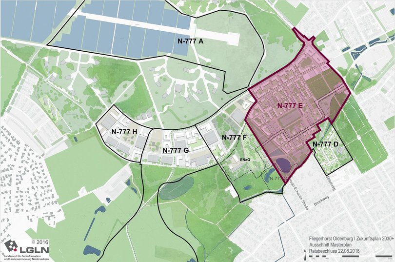 Masterplan Fliegerhorst mit markiertem Bebauungsplan N-777 E. Quelle: Machleidt/LGLN/Stadt Oldenburg