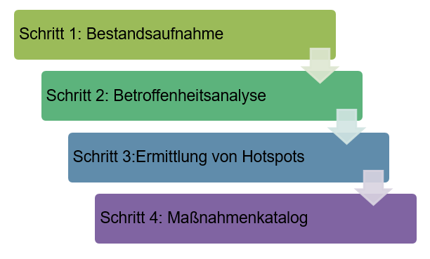 Das Bild zeigt ein Prozessdiagramm, das die Erstellung des Klimaanpassungskonzepts mit den vier Kern-Arbeitsschritten übersichtlich und verständlich darstellt.